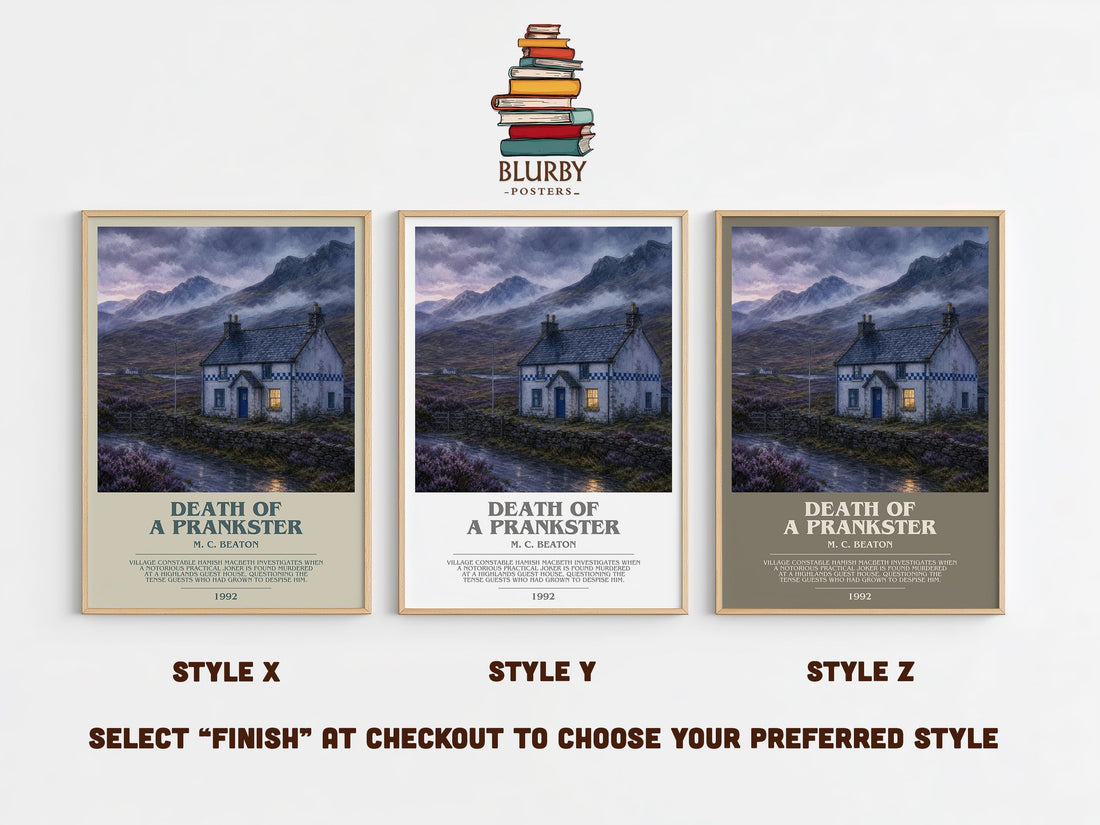 Death of a Prankster bookish print in frame leaning in hallway – mystery wall art (mockup)