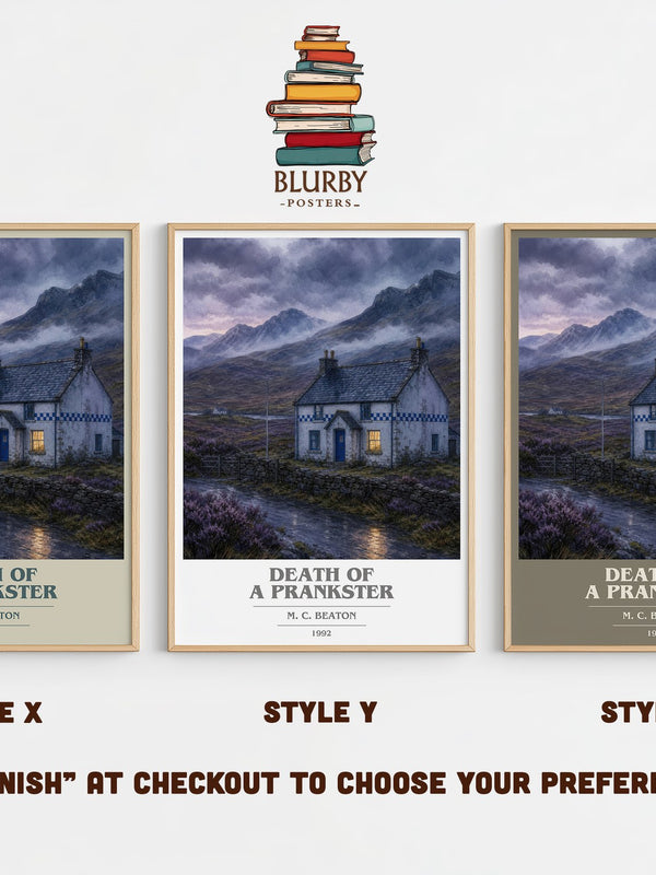 Death of a Prankster book cover print in frame leaning in hallway – mystery wall art