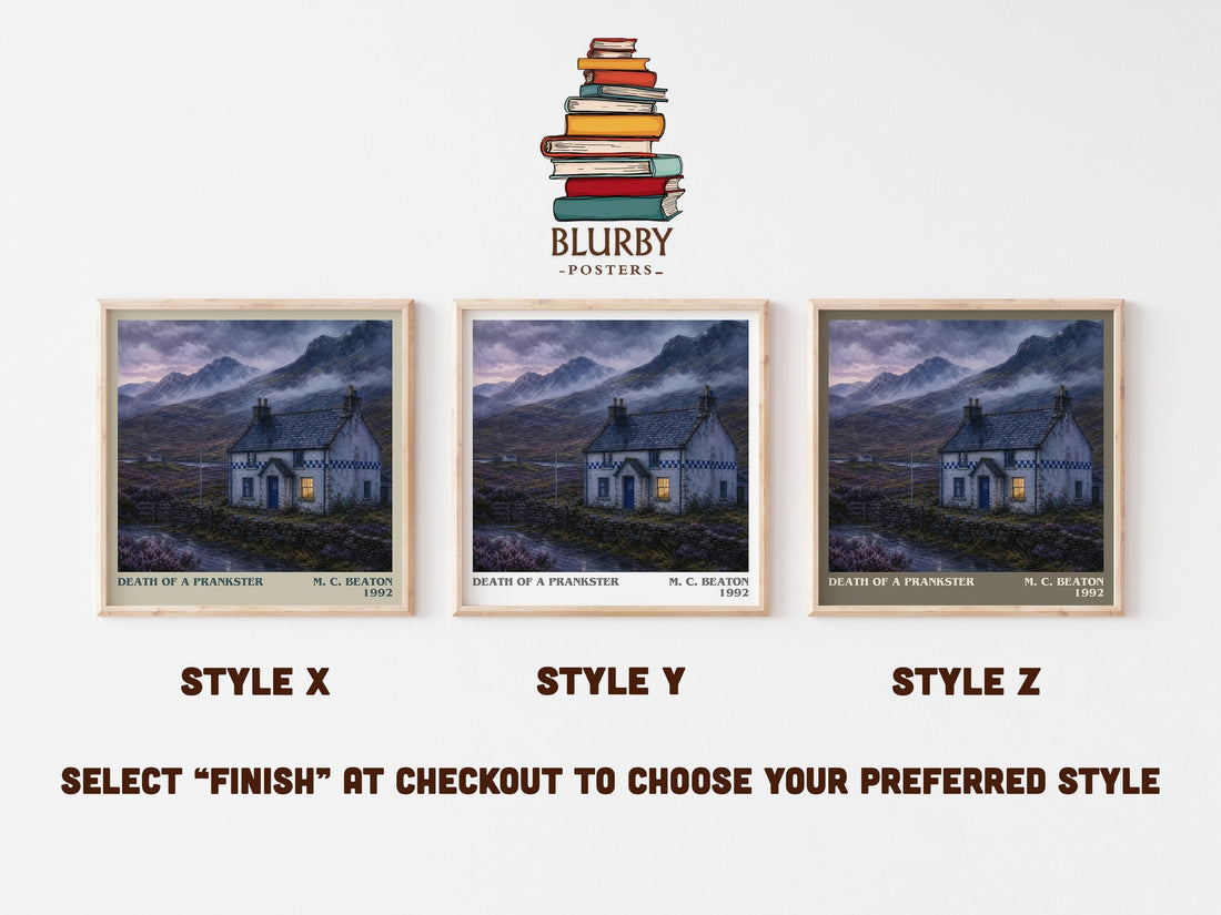 Death of a Prankster literary print in frame leaning in hallway – mystery wall art (mockup)