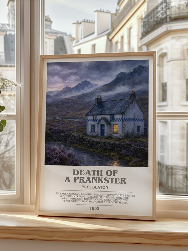 Death of a Prankster bookish poster colour and style options – M. C. Beaton book art