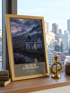 Death of a Prankster book cover print framed by window – literary home decor