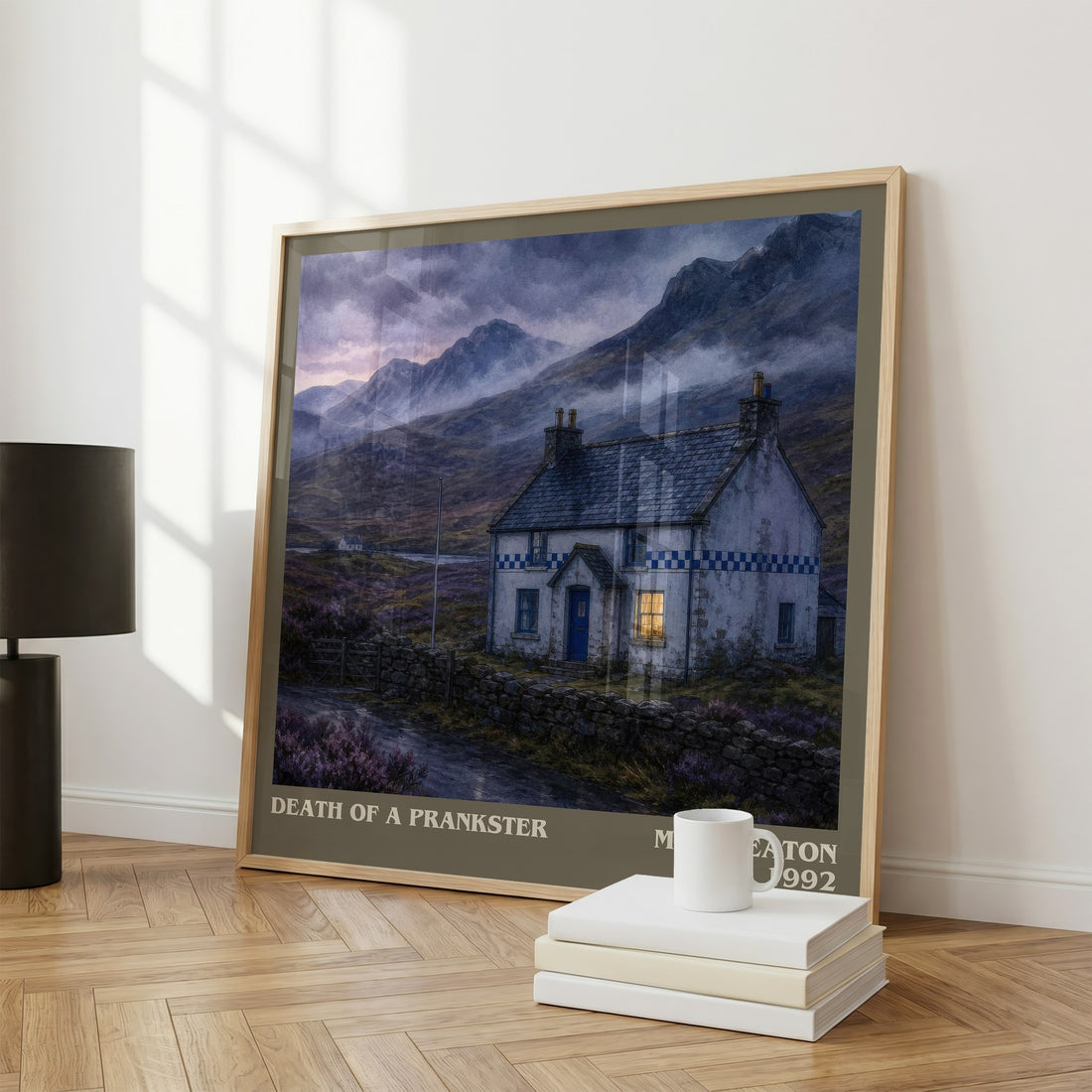 Death of a Prankster literary print framed by window – literary home decor