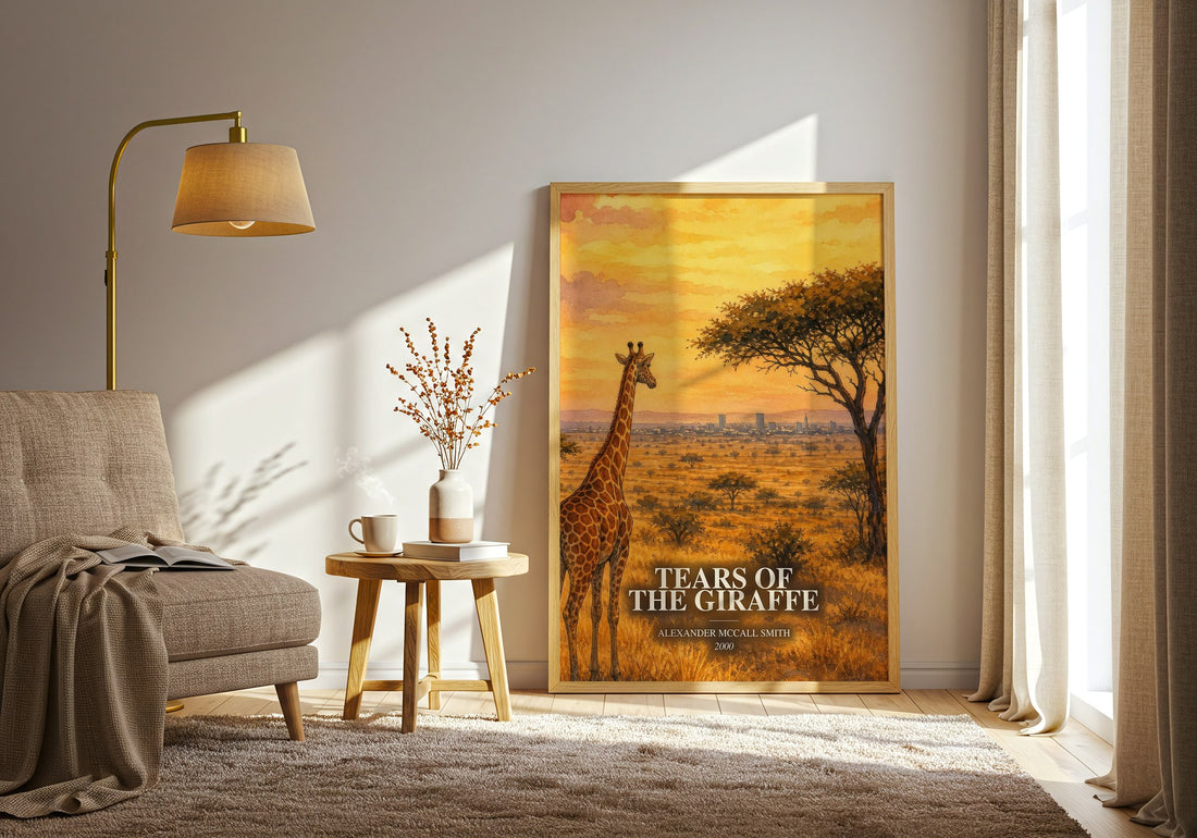 Tears of the Giraffe watercolour print in frame leaning in hallway – mystery wall art (mockup)