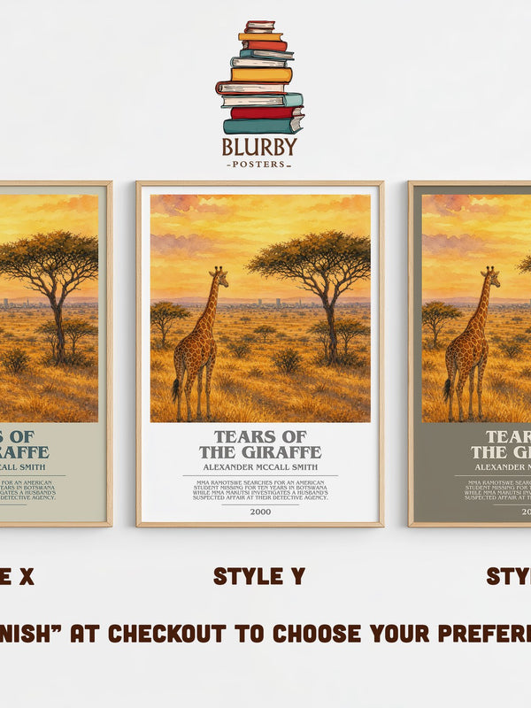 Tears of the Giraffe bookish print in frame leaning in hallway – mystery wall art