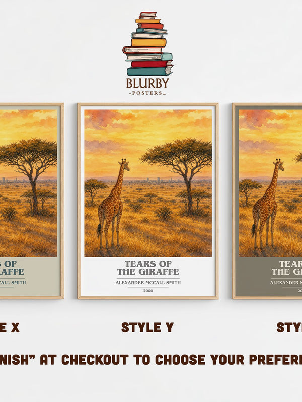 Tears of the Giraffe book cover print in frame leaning in hallway – mystery wall art
