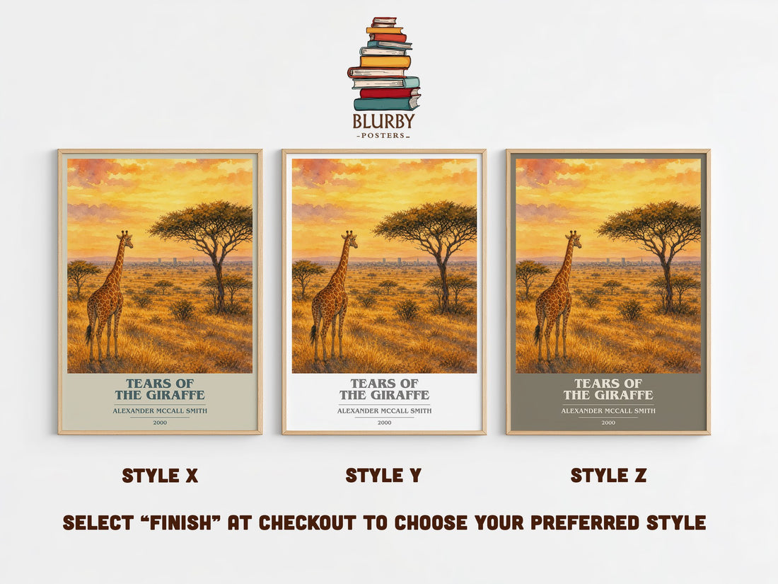 Tears of the Giraffe book cover print in frame leaning in hallway – mystery wall art (mockup)
