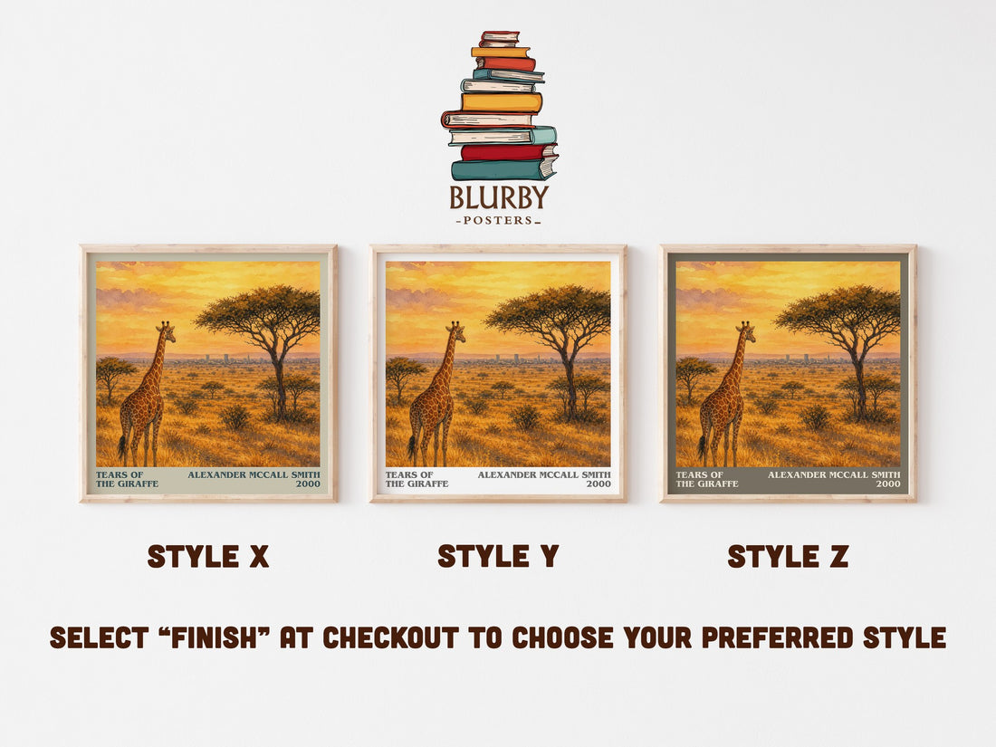 Tears of the Giraffe literary print in frame leaning in hallway – mystery wall art (mockup)
