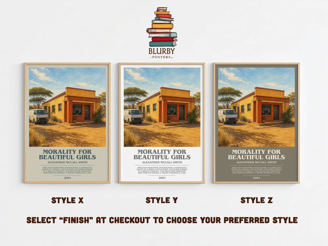 Morality for Beautiful Girls bookish print in frame leaning in hallway – mystery wall art (mockup)