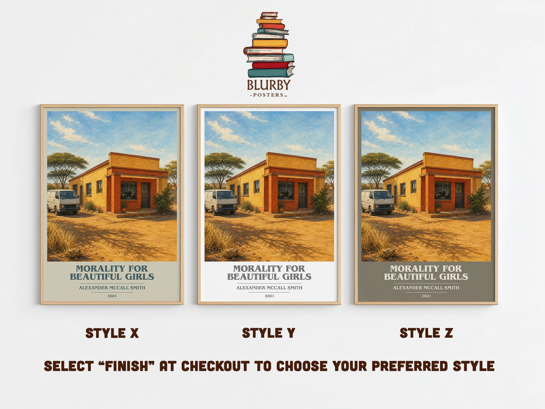 Morality for Beautiful Girls book cover print in frame leaning in hallway – mystery wall art (mockup)