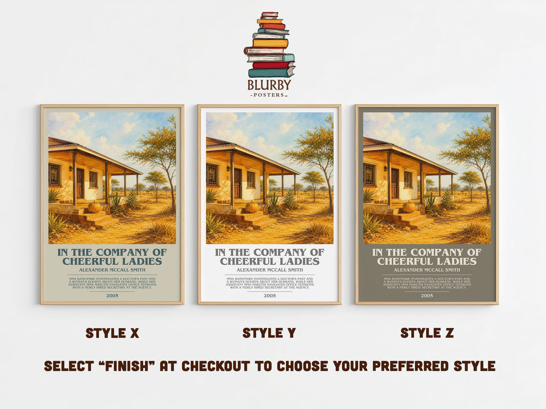 In the Company of Cheerful Ladies bookish print in frame leaning in hallway – mystery wall art (mockup)