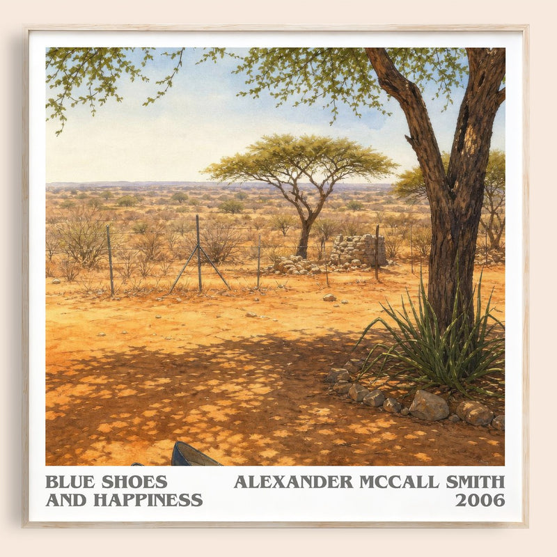 Blue Shoes and Happiness literary book poster by Alexander McCall Smith – framed literary art print
