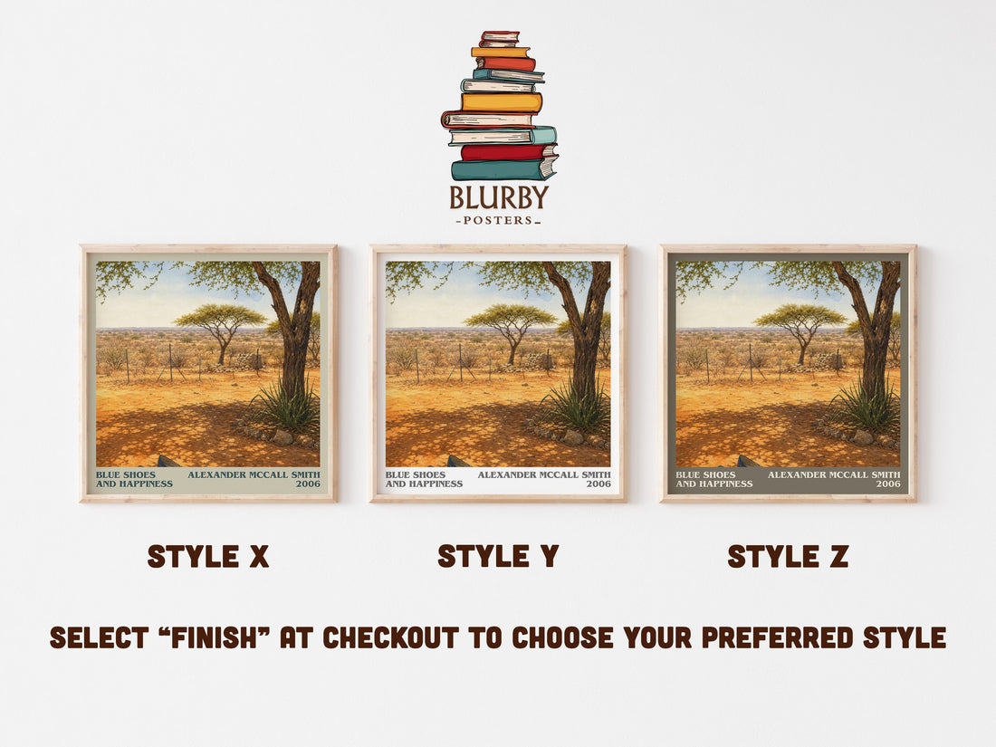 Blue Shoes and Happiness literary print in frame leaning in hallway – mystery wall art (mockup)