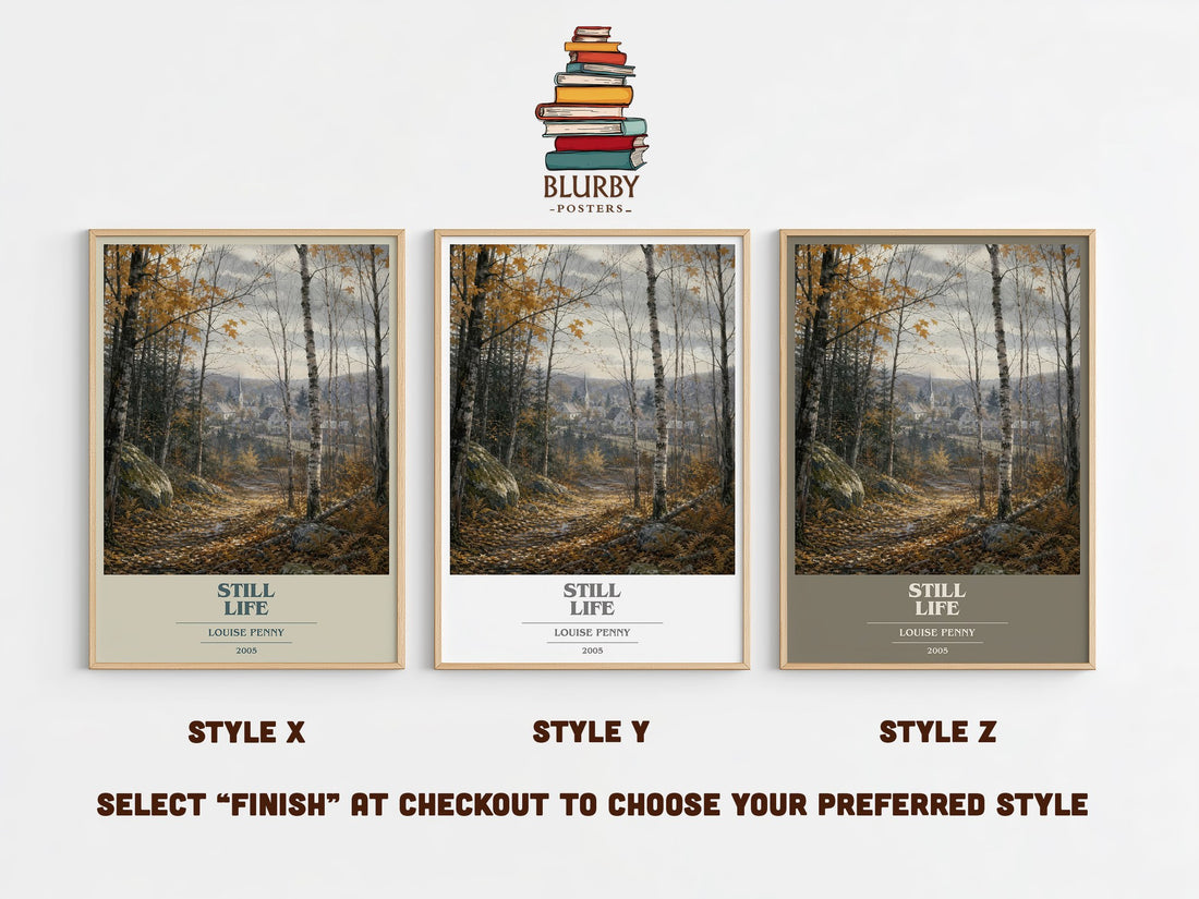 Still Life book cover print in frame leaning in hallway – mystery wall art (mockup)