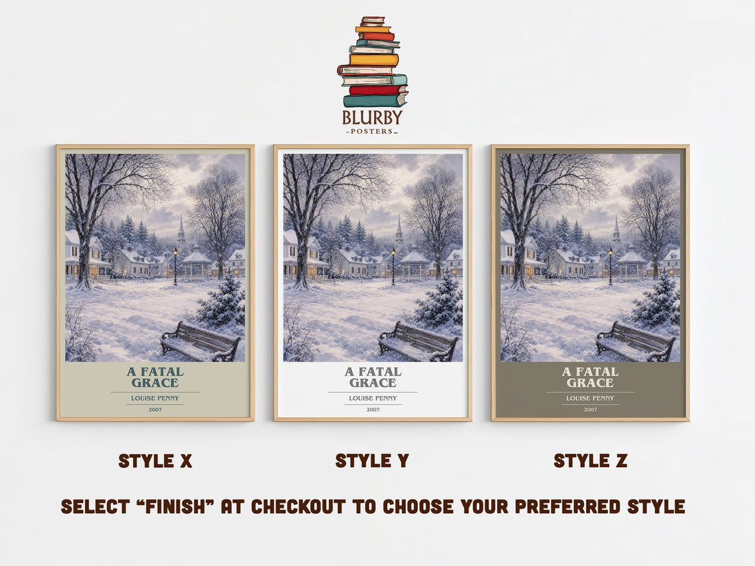 A Fatal Grace book cover print in frame leaning in hallway – mystery wall art (mockup)