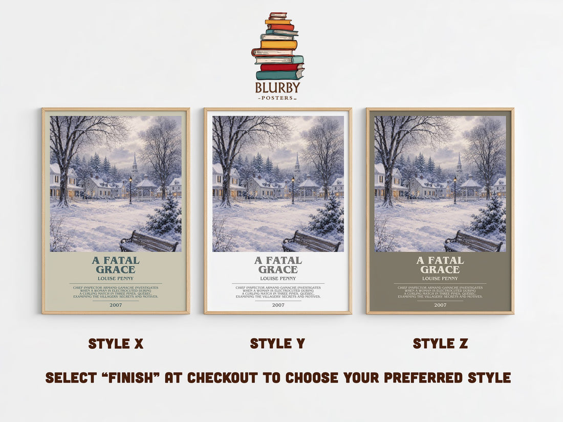 A Fatal Grace bookish print in frame leaning in hallway – mystery wall art (mockup)