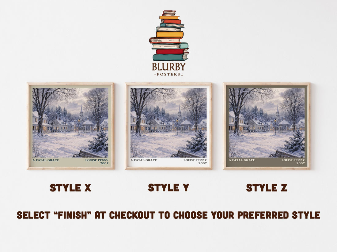 A Fatal Grace literary print in frame leaning in hallway – mystery wall art (mockup)