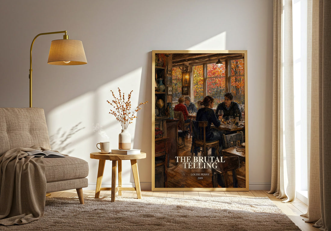 The Brutal Telling watercolour print in frame leaning in hallway – mystery wall art (mockup)