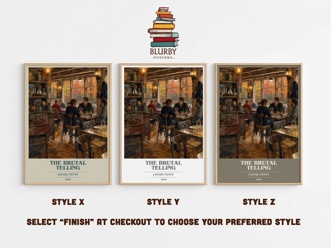 The Brutal Telling book cover print in frame leaning in hallway – mystery wall art (mockup)