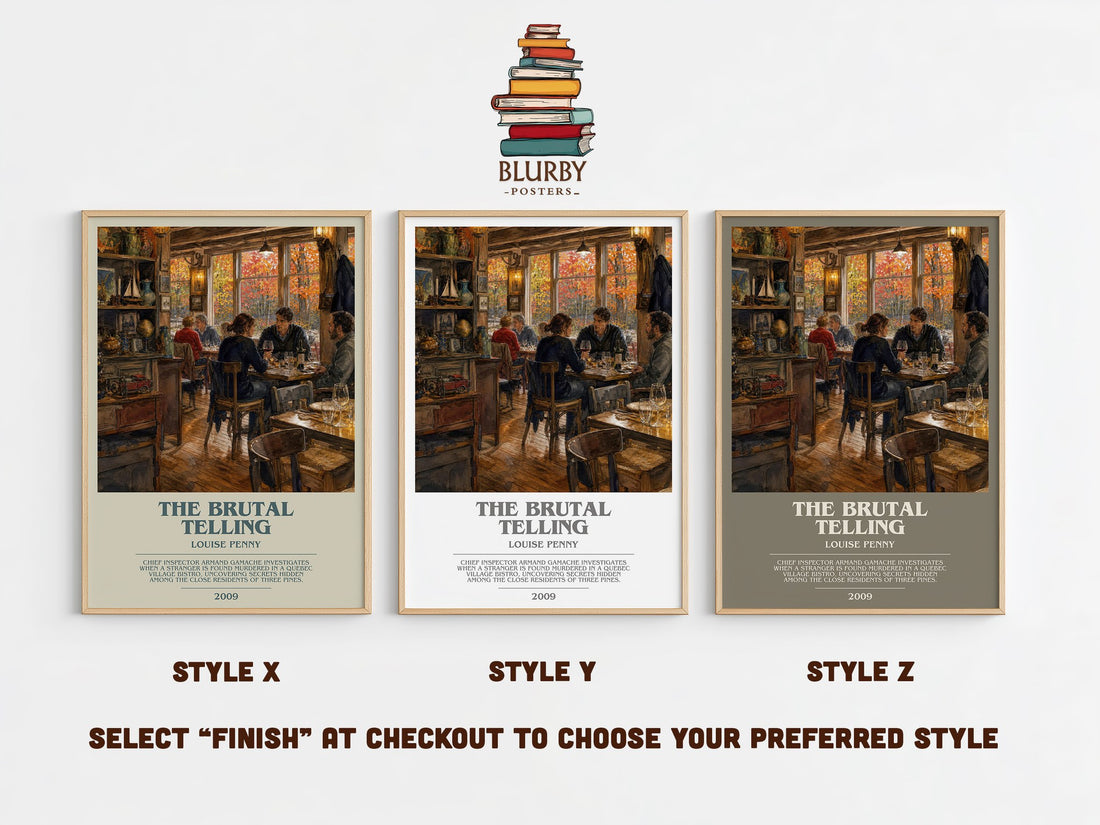 The Brutal Telling bookish print in frame leaning in hallway – mystery wall art (mockup)