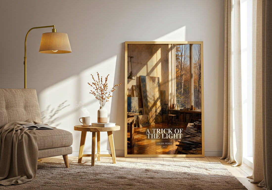 A Trick of the Light watercolour print in frame leaning in hallway – mystery wall art (mockup)
