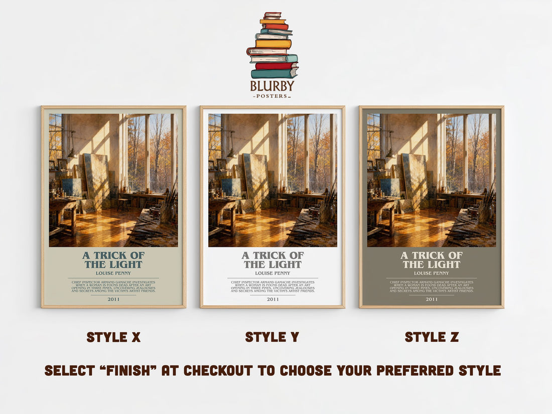 A Trick of the Light bookish print in frame leaning in hallway – mystery wall art (mockup)