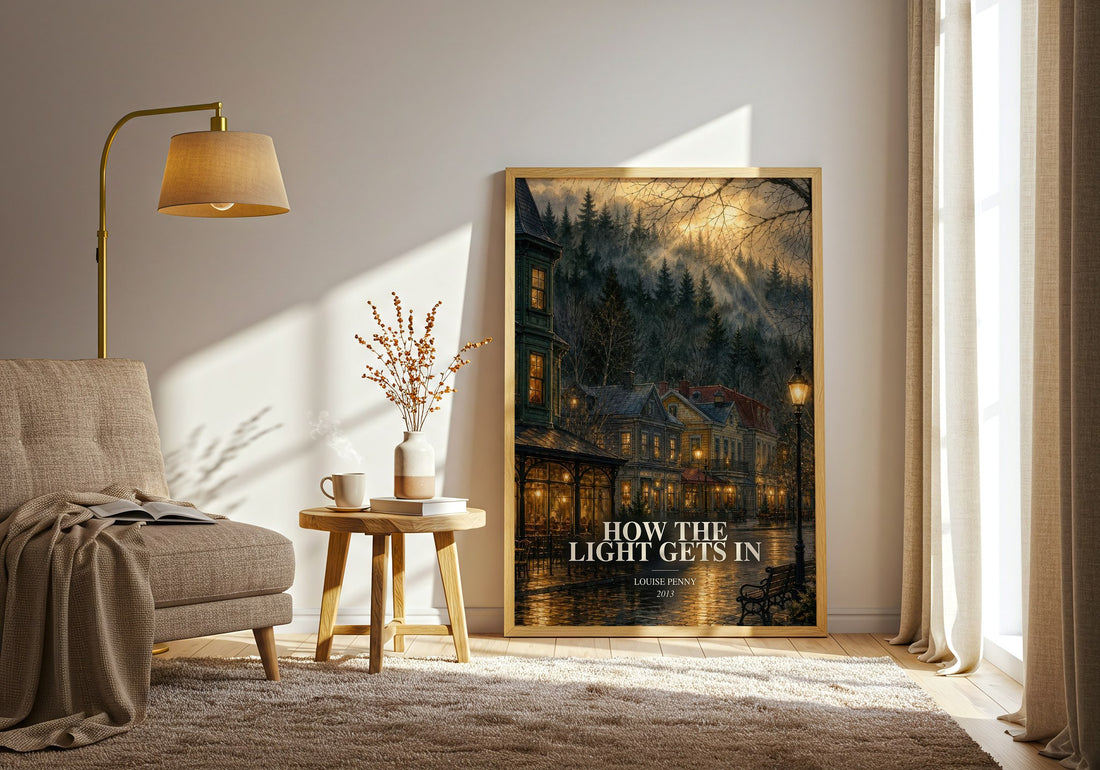 How the Light Gets In watercolour print in frame leaning in hallway – mystery wall art (mockup)