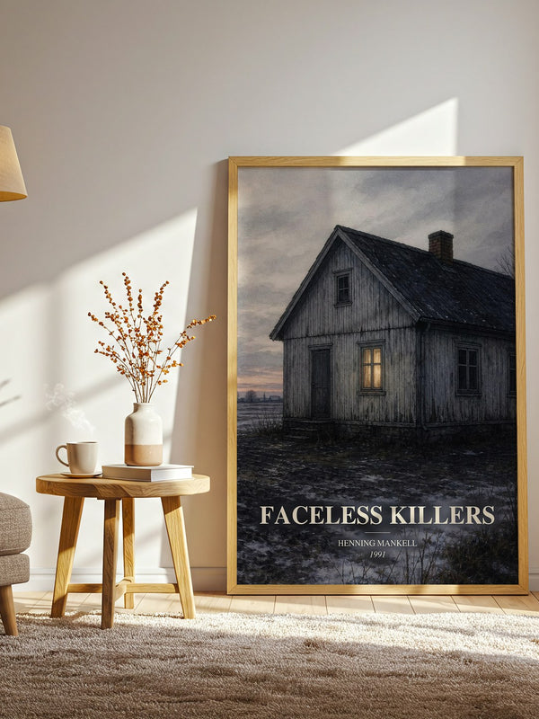 Faceless Killers watercolour print in frame leaning in hallway – crime wall art