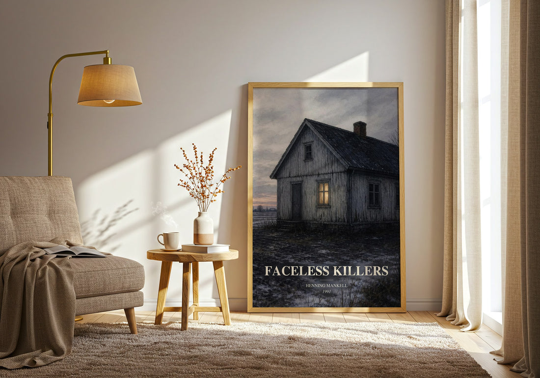 Faceless Killers watercolour print in frame leaning in hallway – crime wall art (mockup)