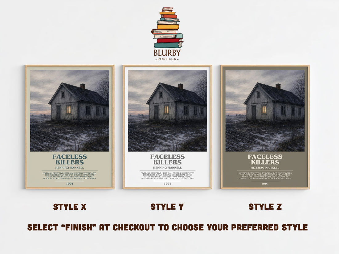 Faceless Killers bookish print in frame leaning in hallway – crime wall art (mockup)