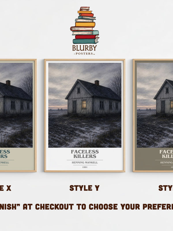 Faceless Killers book cover print in frame leaning in hallway – crime wall art