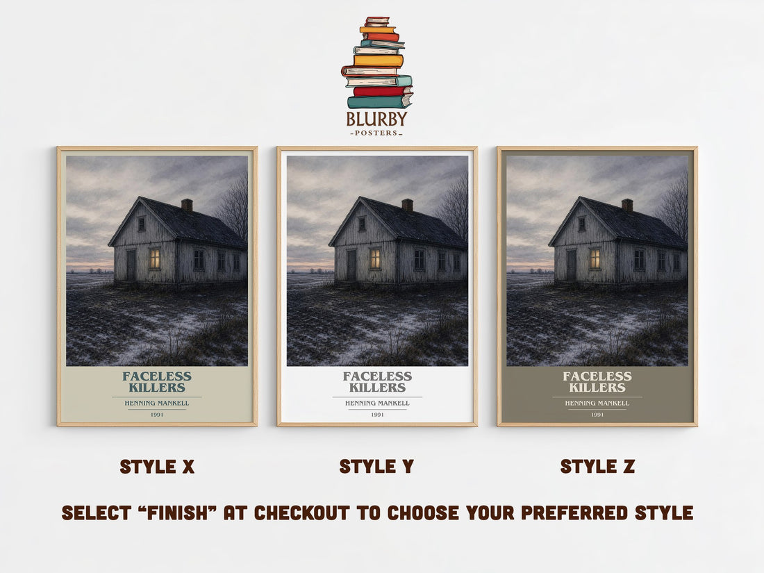 Faceless Killers book cover print in frame leaning in hallway – crime wall art (mockup)