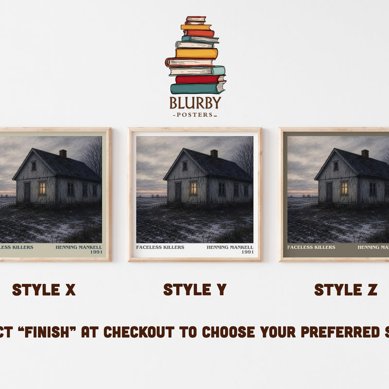 Faceless Killers literary print in frame leaning in hallway – crime wall art