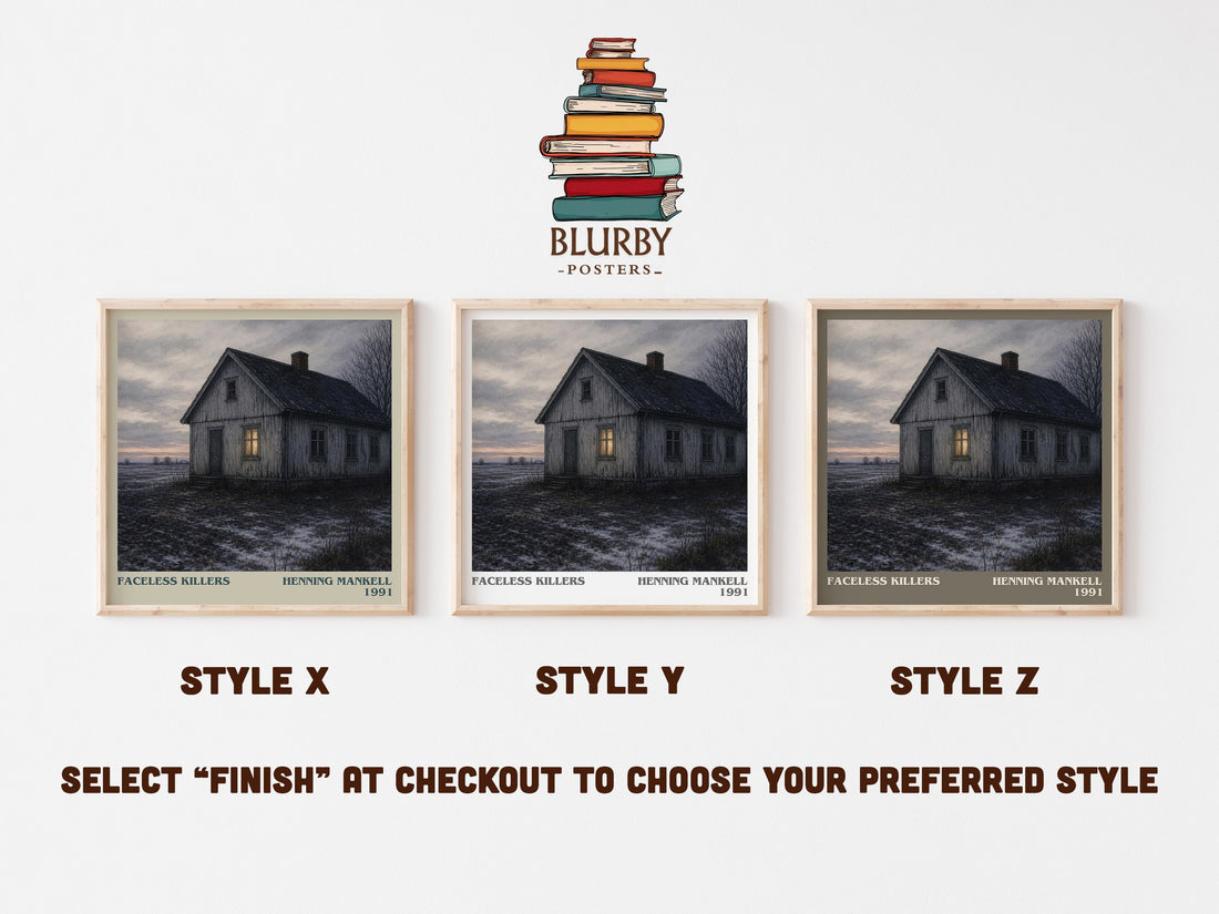 Faceless Killers literary print in frame leaning in hallway – crime wall art (mockup)