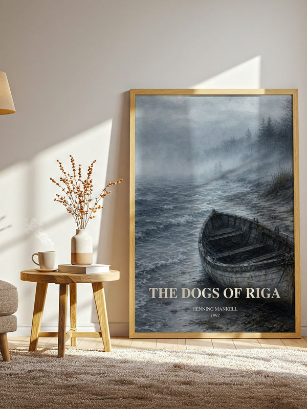 The Dogs of Riga watercolour print in frame leaning in hallway – crime wall art