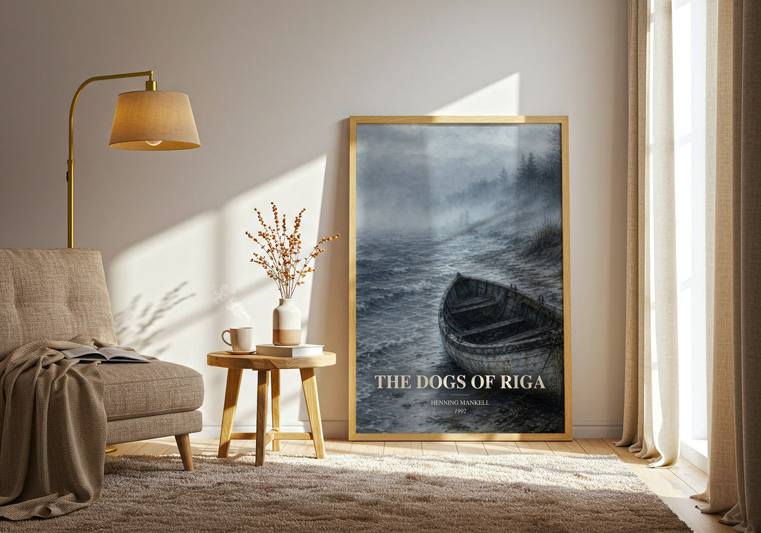 The Dogs of Riga watercolour print in frame leaning in hallway – crime wall art (mockup)