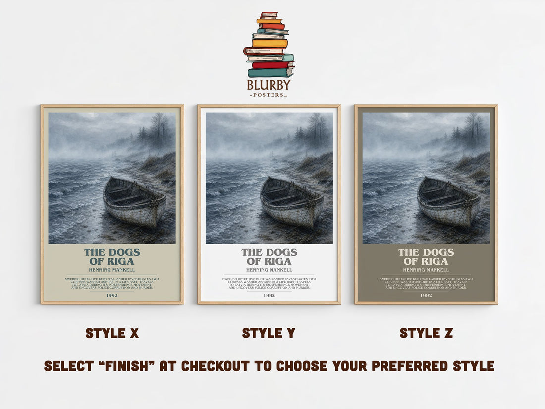 The Dogs of Riga bookish print in frame leaning in hallway – crime wall art (mockup)