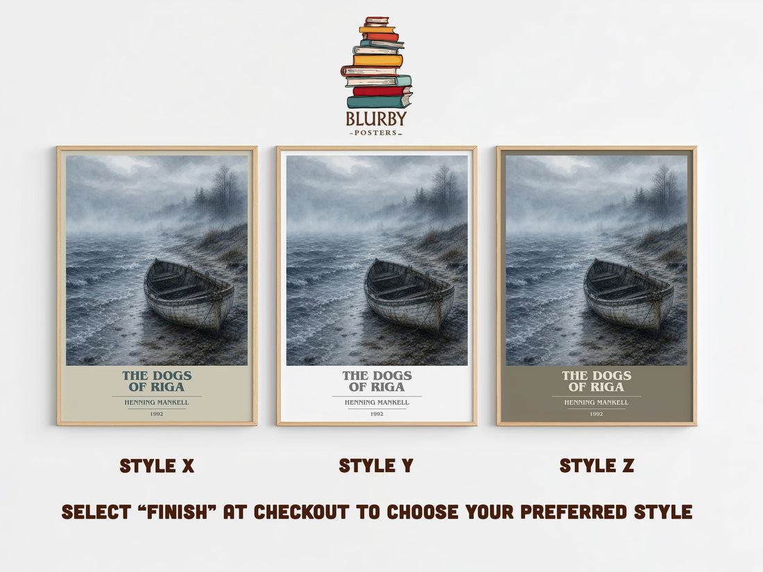 The Dogs of Riga book cover print in frame leaning in hallway – crime wall art (mockup)