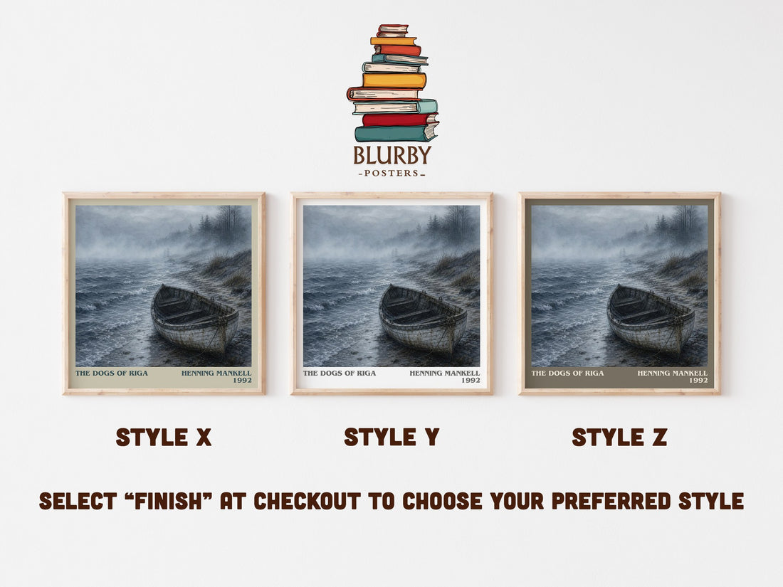 The Dogs of Riga literary print in frame leaning in hallway – crime wall art (mockup)