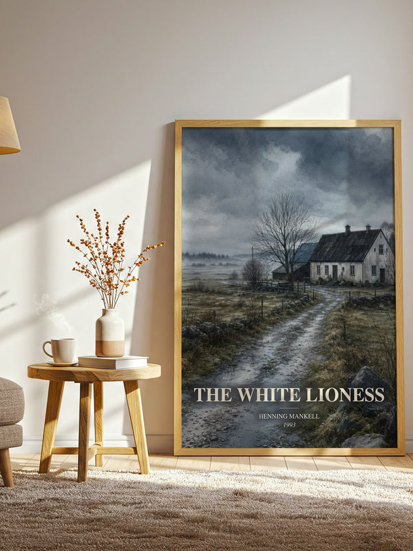 The White Lioness watercolour print in frame leaning in hallway – crime wall art