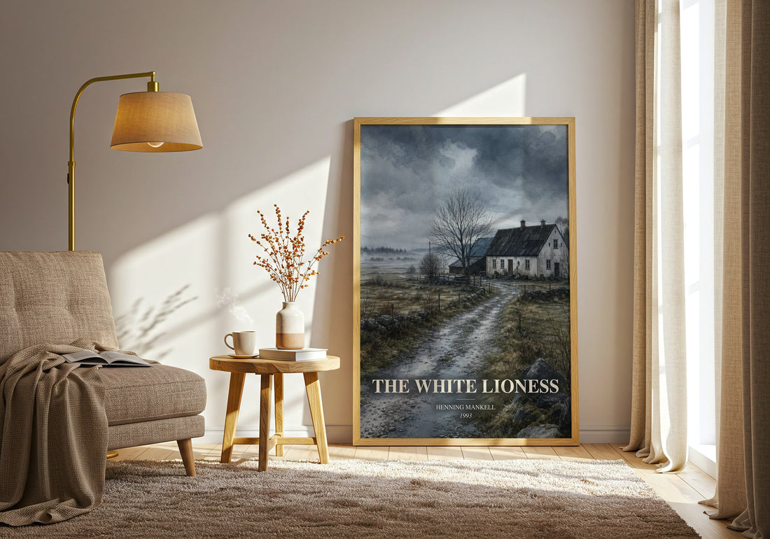 The White Lioness watercolour print in frame leaning in hallway – crime wall art (mockup)