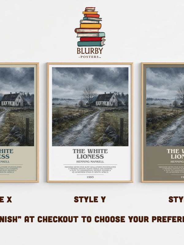 The White Lioness bookish print in frame leaning in hallway – crime wall art