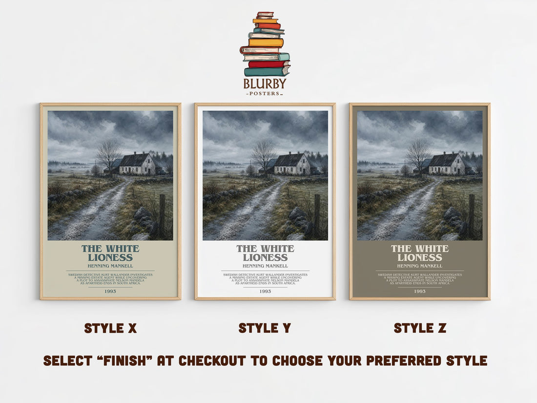 The White Lioness bookish print in frame leaning in hallway – crime wall art (mockup)