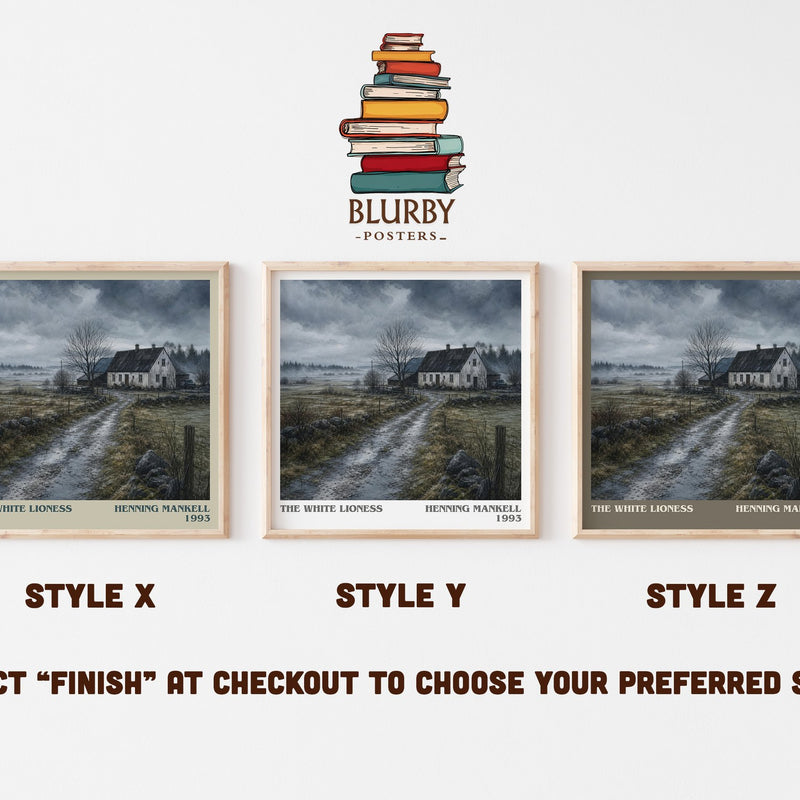 The White Lioness literary print in frame leaning in hallway – crime wall art