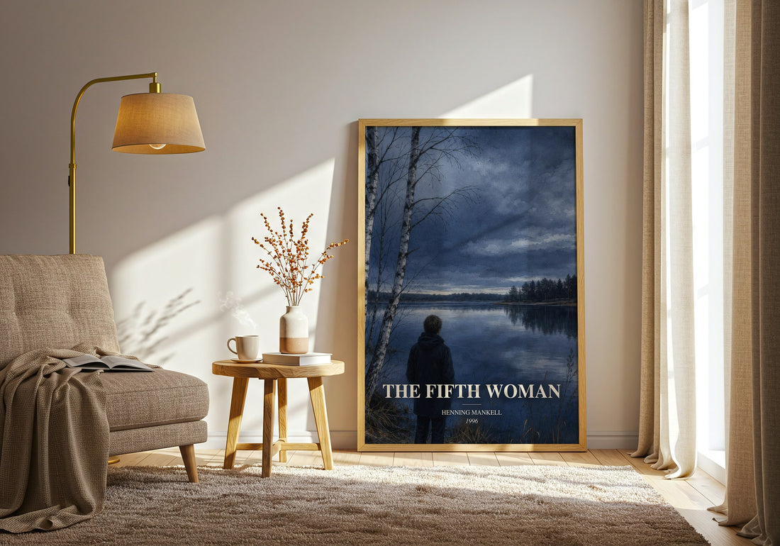 The Fifth Woman watercolour print in frame leaning in hallway – crime wall art (mockup)
