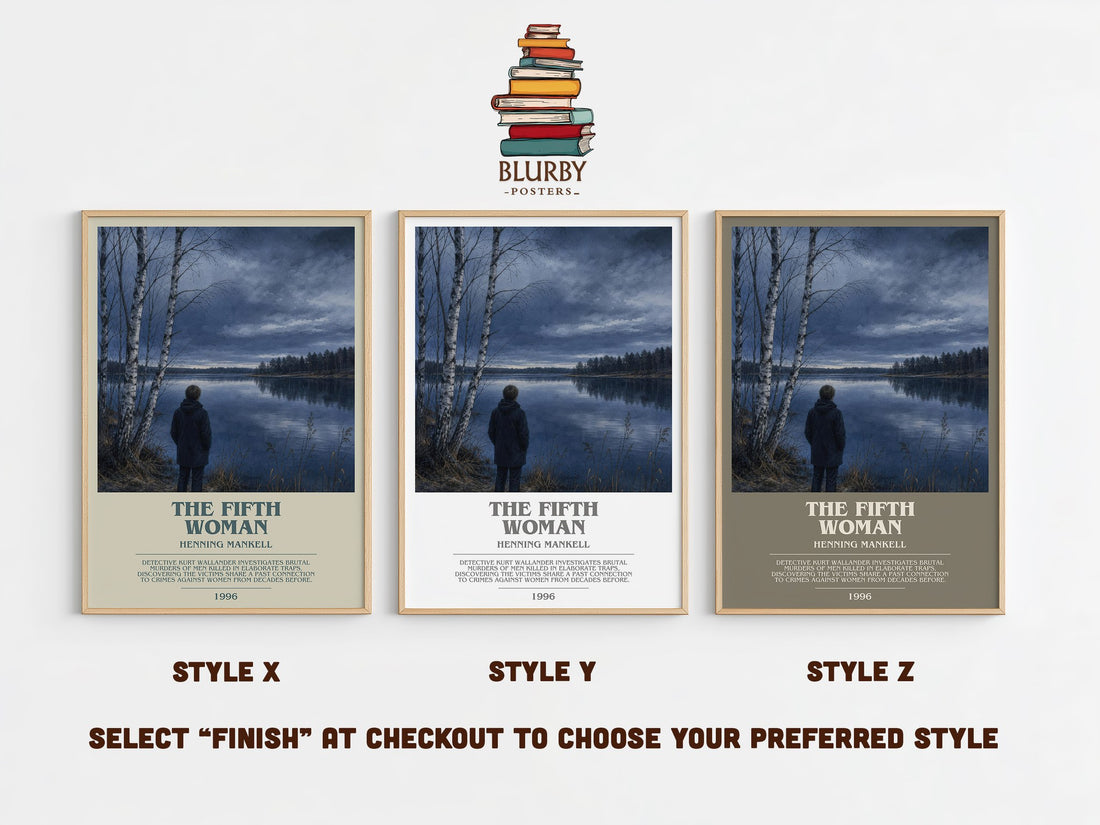 The Fifth Woman bookish print in frame leaning in hallway – crime wall art (mockup)
