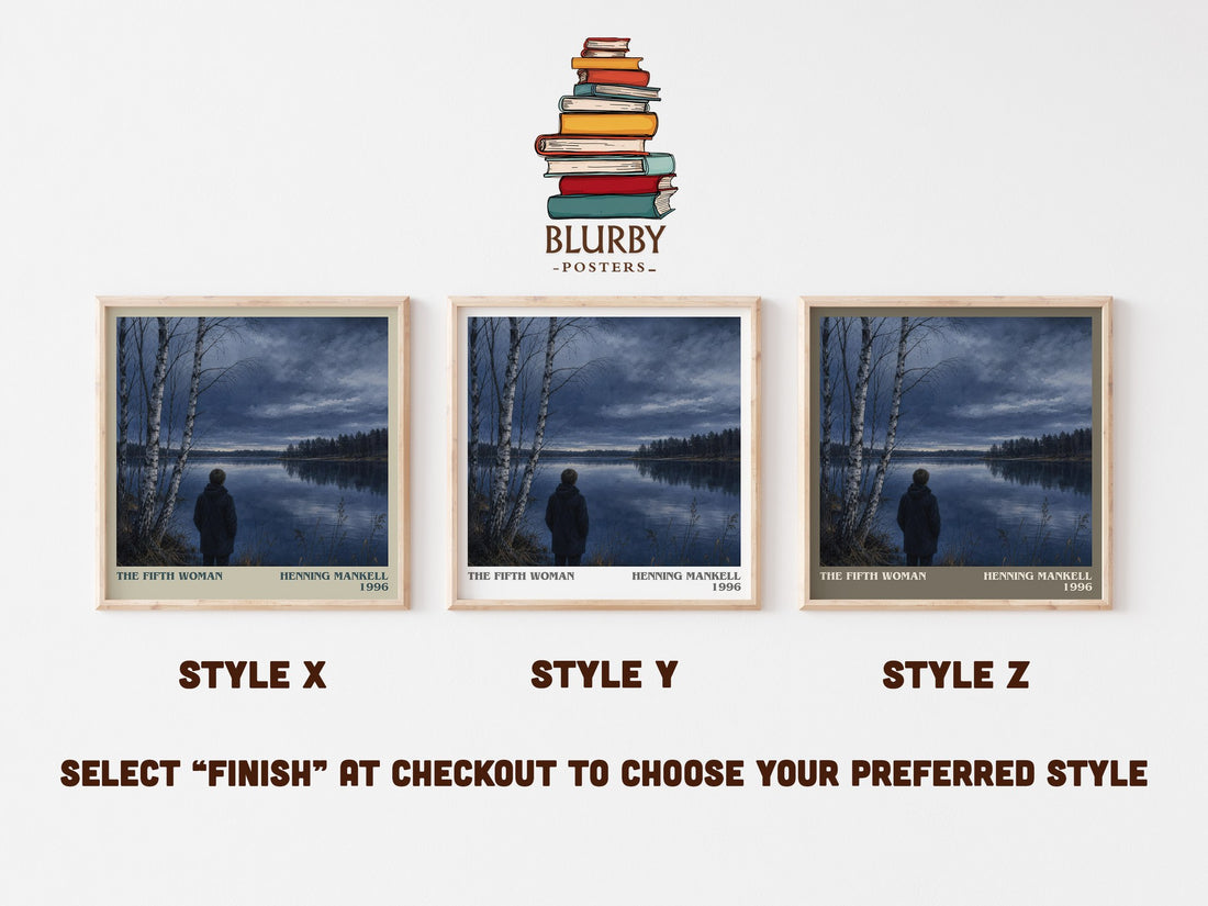 The Fifth Woman literary print in frame leaning in hallway – crime wall art (mockup)