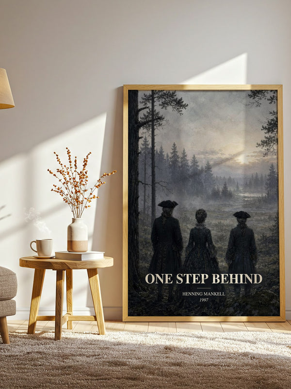 One Step Behind watercolour print in frame leaning in hallway – crime wall art