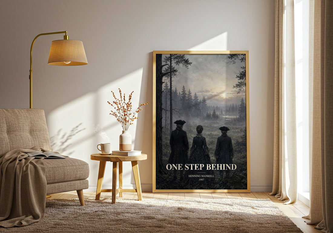 One Step Behind watercolour print in frame leaning in hallway – crime wall art (mockup)