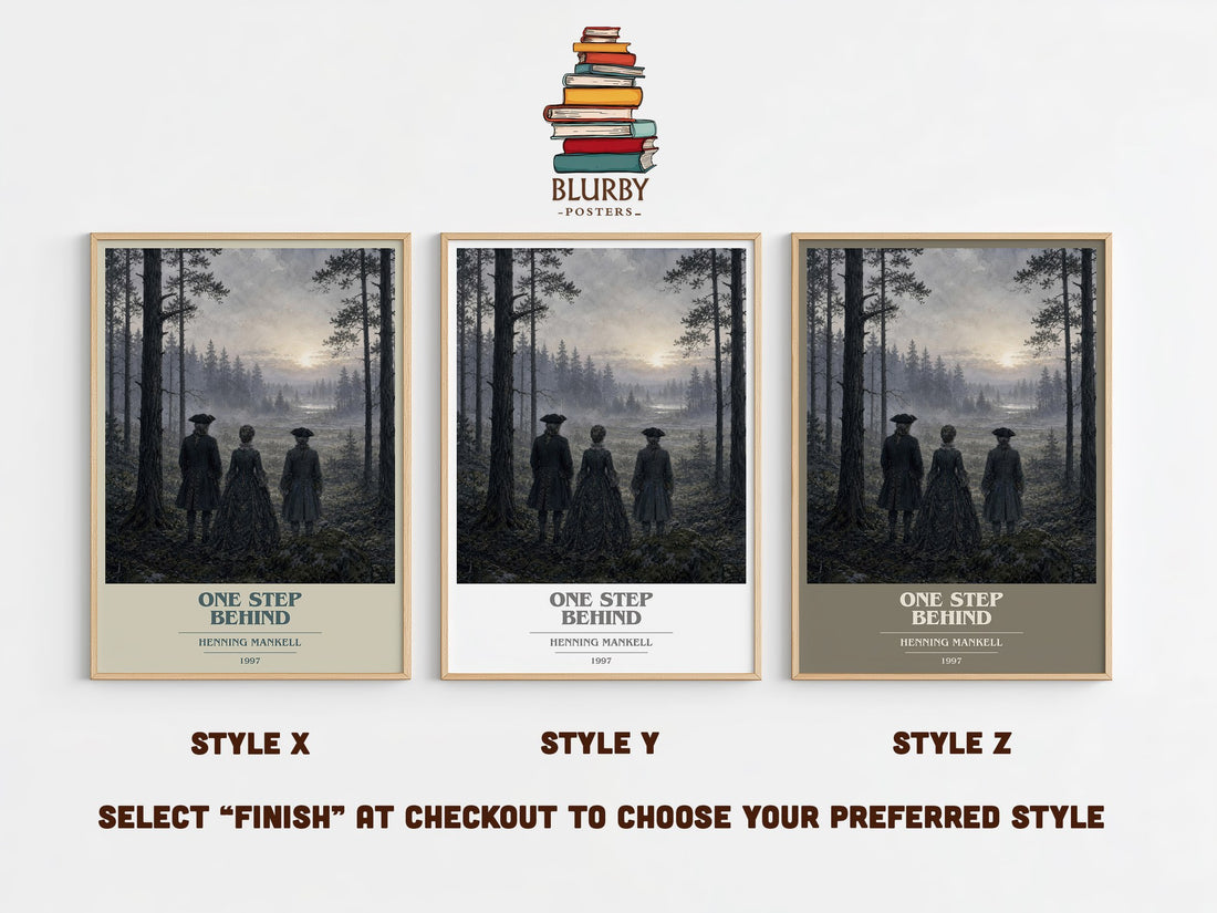 One Step Behind book cover print in frame leaning in hallway – crime wall art (mockup)