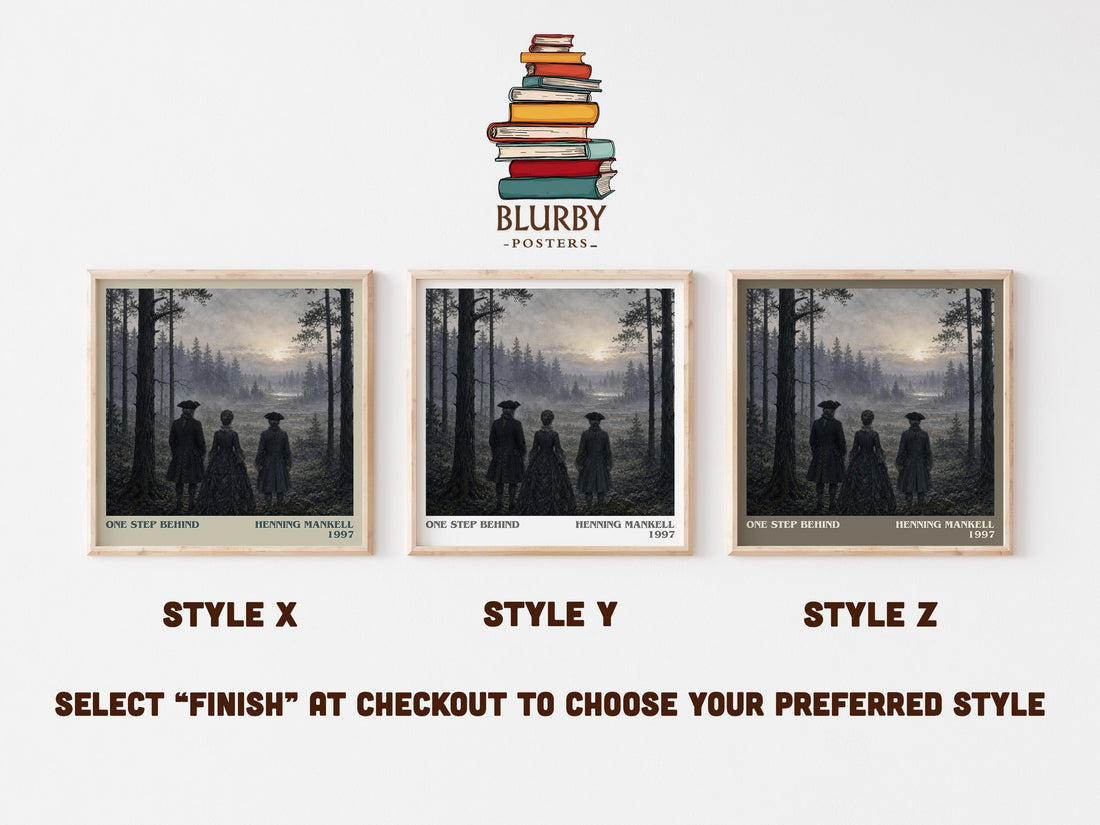 One Step Behind literary print in frame leaning in hallway – crime wall art (mockup)